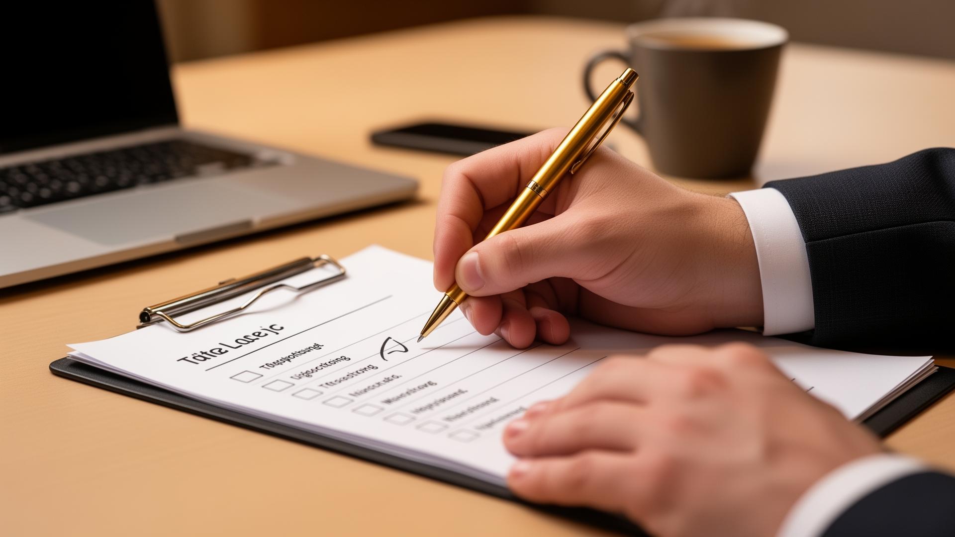 Profissional marcando itens em um checklist de implementação comercial com caneta dourada, representando a execução prática das estratégias de vendas