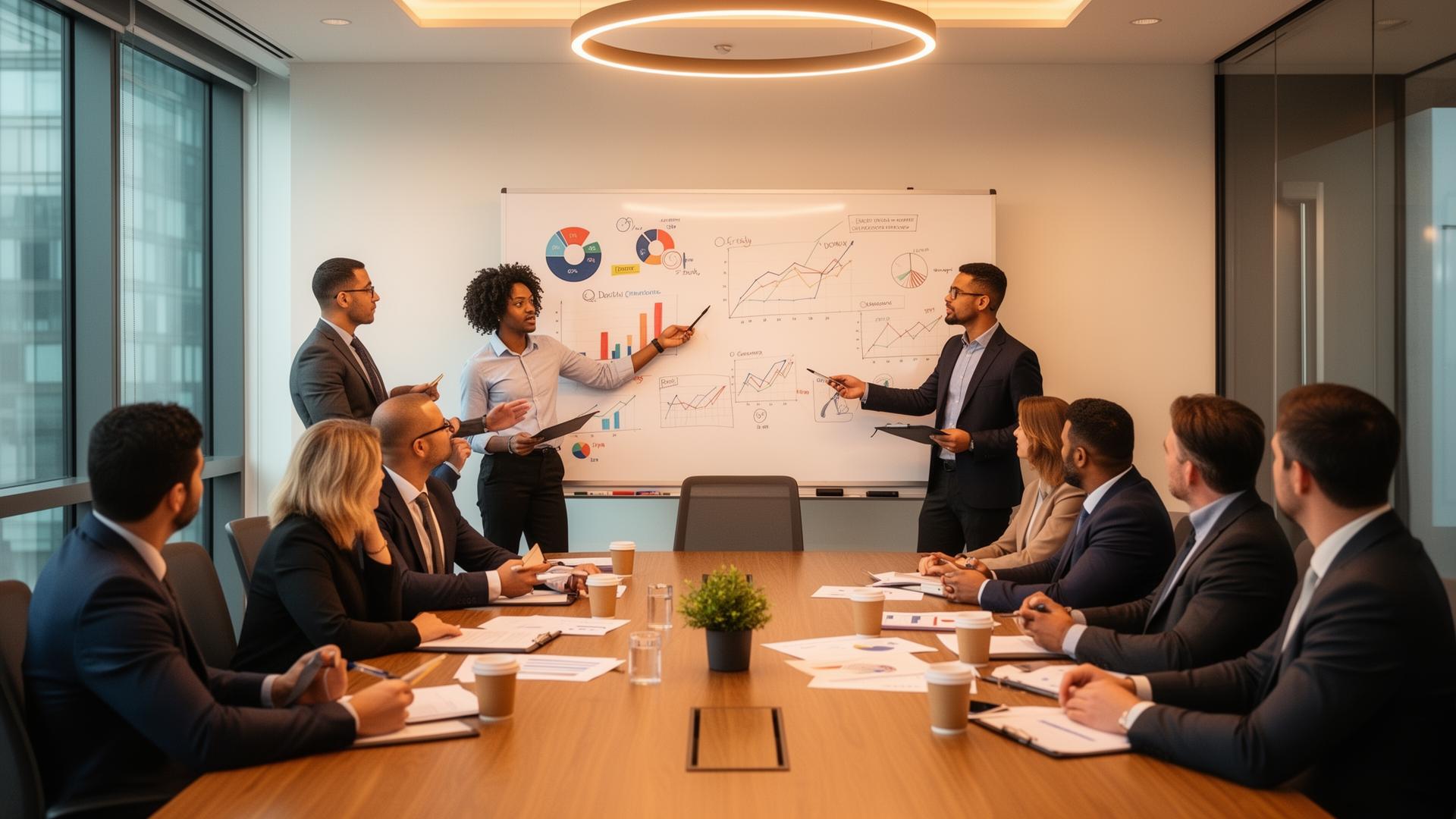 Equipe comercial reunida em sala de treinamento corporativo analisando gráficos de desempenho e estratégias de vendas em quadro branco