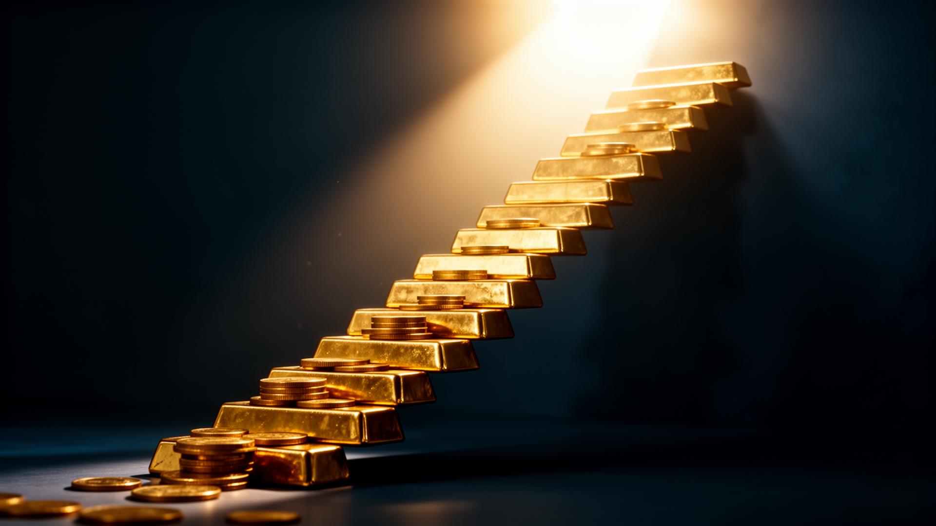 Escadaria ascendente feita de barras de ouro representando o crescimento progressivo de resultados e faturamento em vendas